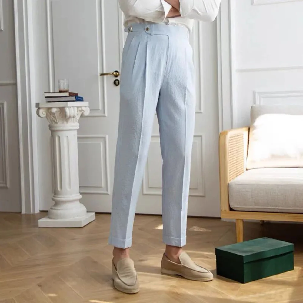 Mens Formal Pants Striped Business Trousers Office Light Blue Casual High Waist Unique Buckle Thin Straight Dress Pants For Men