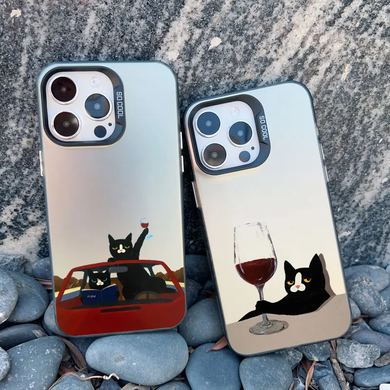 Cute Cat Goblet Drink Couple Phone Case For iPhone 15 14 13 Pro Max 12 11 Pro Max 13 Mini 15 14 Plus Shockproof Laser Back Cover