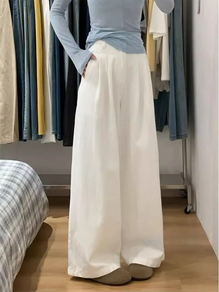 

Большие размеры, белые широкие джинсы с талией, женские тонкие осенние новые свободные брюки длиной до пола, повседневные длинные брюки с высокой талией