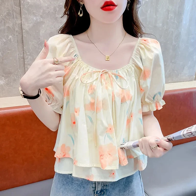 Summer Clothes French Floral Chiffon Shirt for Women Fashion Bandage Sheer Hollow Out Loose Short Sleeve Pullovers Blouses G2819