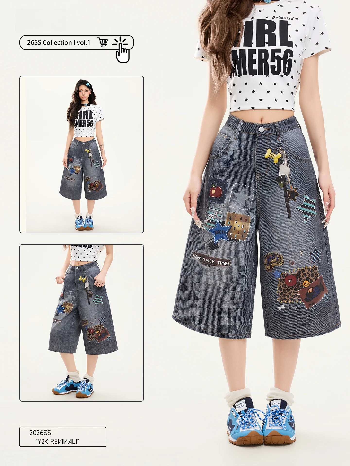 

PBB High Waist Distressed Denim Capri Pants Women's Loose Straight Leg Jeans Short Shorts Street Style Cartoon Print Blue