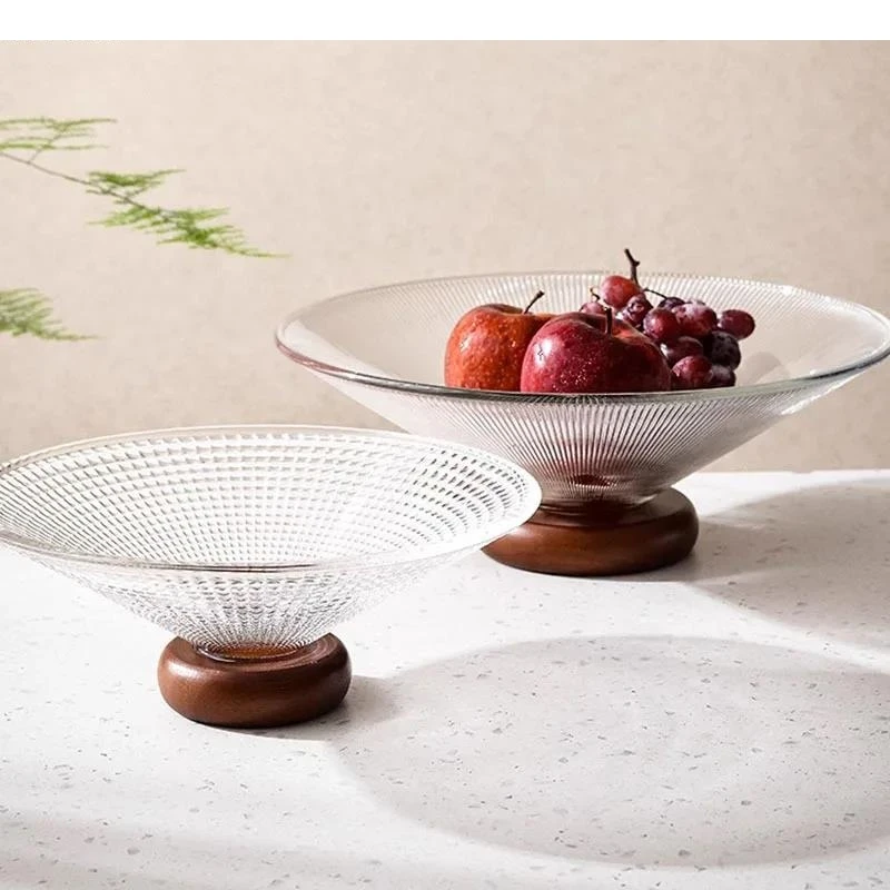 Texture Glass Fruit Plate Wooden Base Transparent Candy Living Room Snack Nut Plates Home Storage Tray