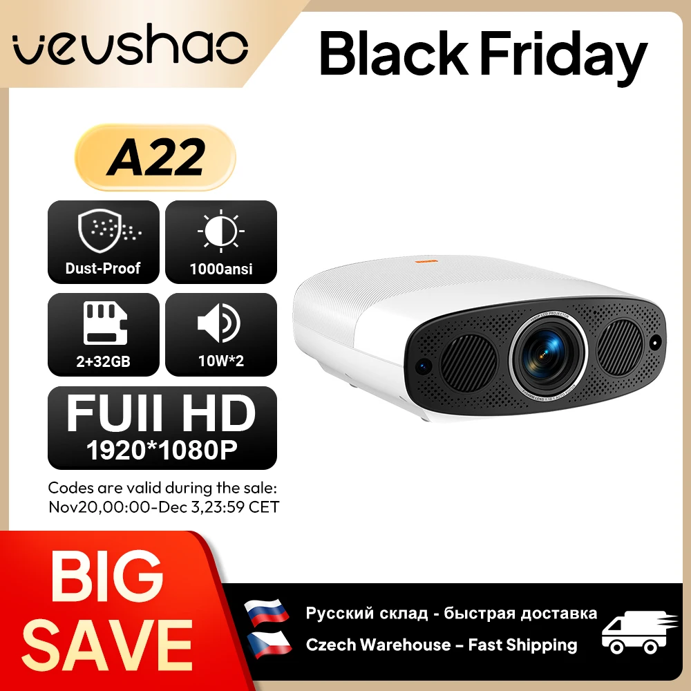

VEVSHAO Full HD Projector A22 4K Video Smart TV for Home WIFI 1080P 1000 Lumen Projectors Media Video Player Smart Beamer
