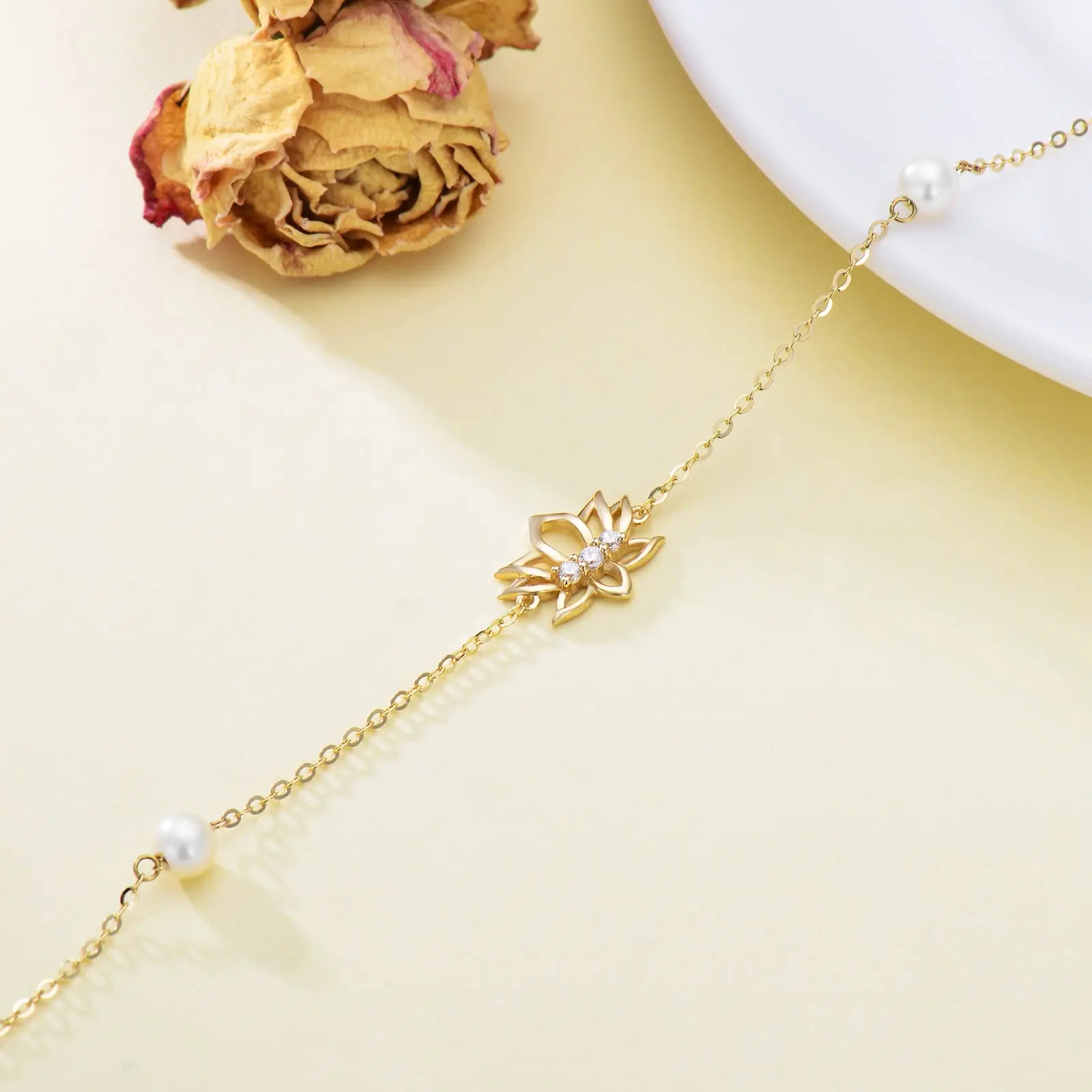 YFN 14K Real Gold Flower Bracelet for Women Girls Yellow Gold Lotus Pearl Daisy Sunflower Bracelet Anniversary Birthday Gifts