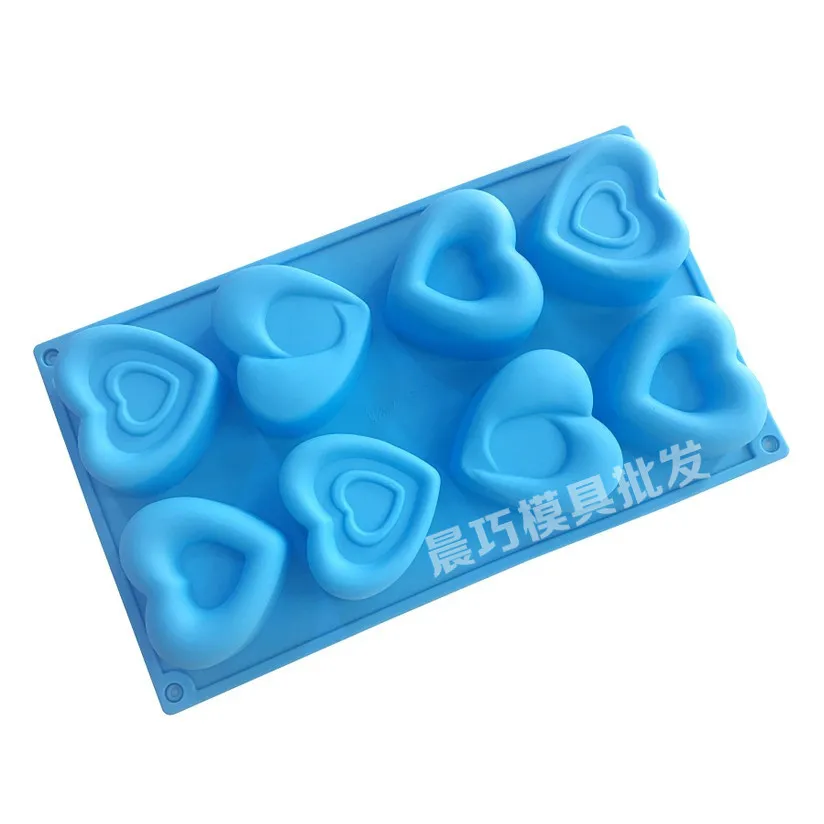 Silicone Cake Mold Handmade Soap Abrasive Tool Eight-Piece 8-Hole Heart Center Love Mould Double Heart-Shaped 449