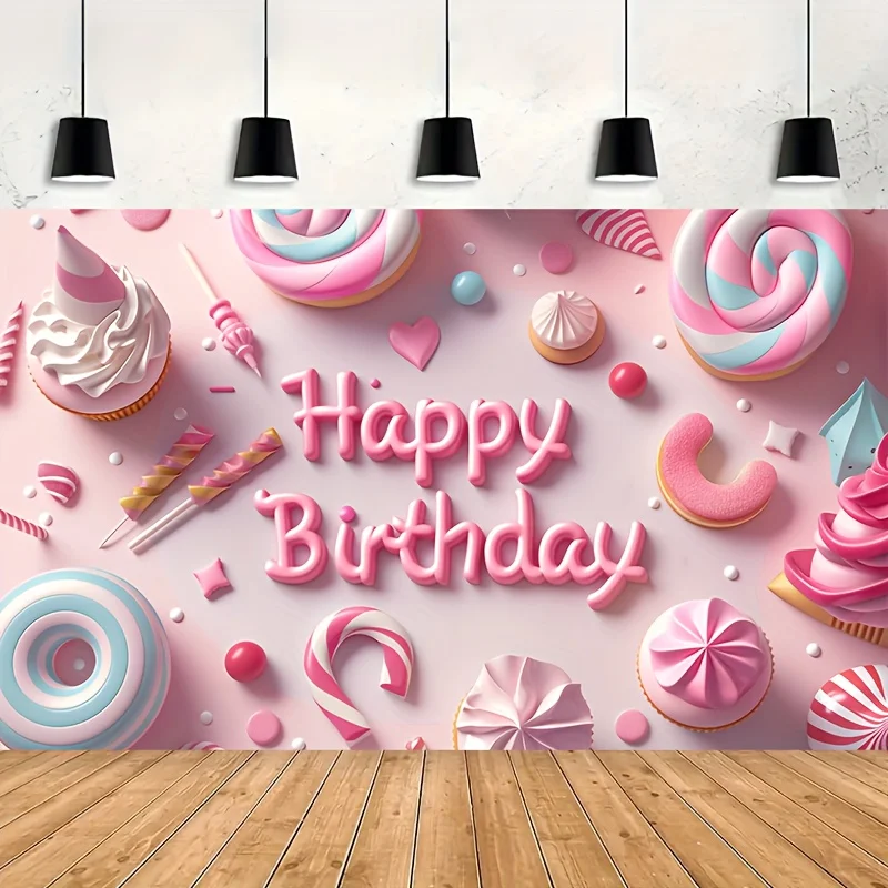 Festlicher Geburtstagshintergrund: rosa Süßigkeiten- und Cupcake-Dekorationen, Partyzubehör