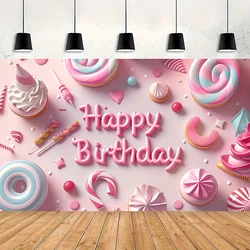 Festive birthday background: pink candy and cupcake decorations, party supplies