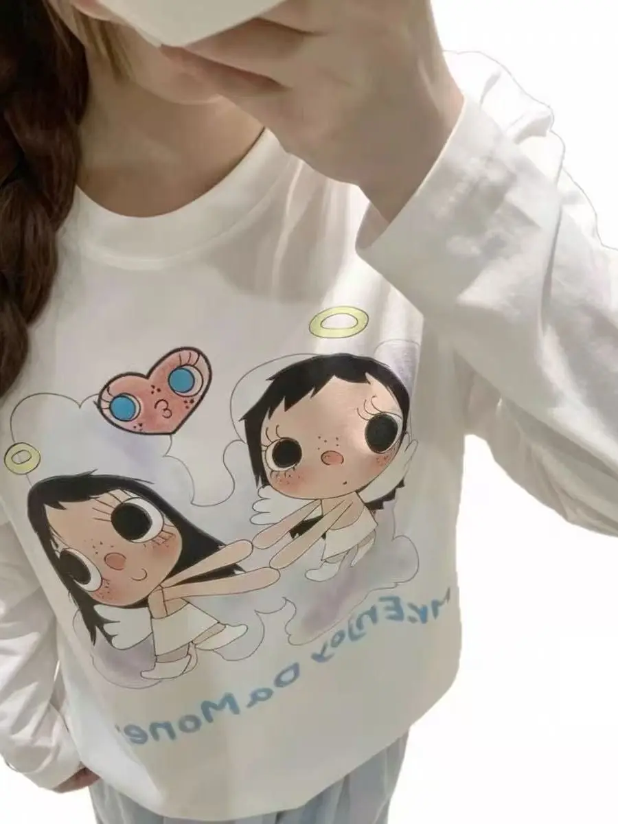 Loose Fit Pure Cotton Long Sleeve T-Shirt Women's Base Layer Top Fun Graffiti Hand-Drawn Small Jade Print Casual Style