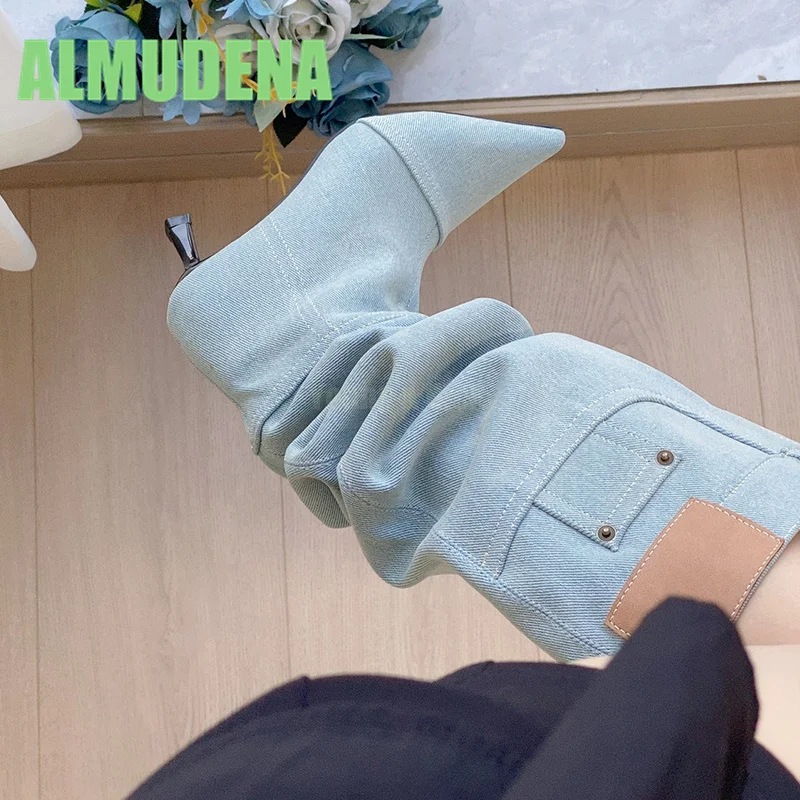 Cowboy Stacking Boots Fashionable New Versatile Retro Style French Pointed Thick Heel High-Heeled Women's Long Tube Boots