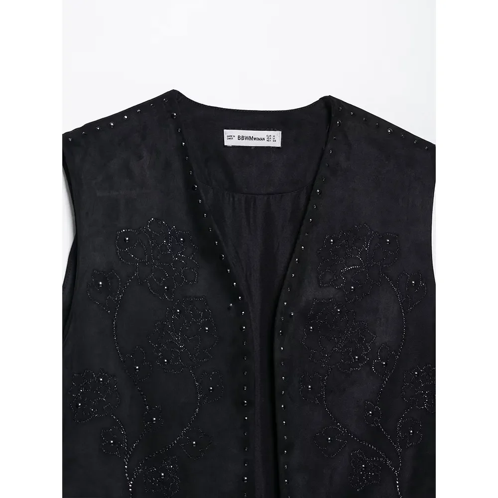 新しいファッション女性ビーズフランネル黒チョッキノースリーブ V ネックジャケットベスト女性エレガンスシックな女性 Mujer タンクトップ