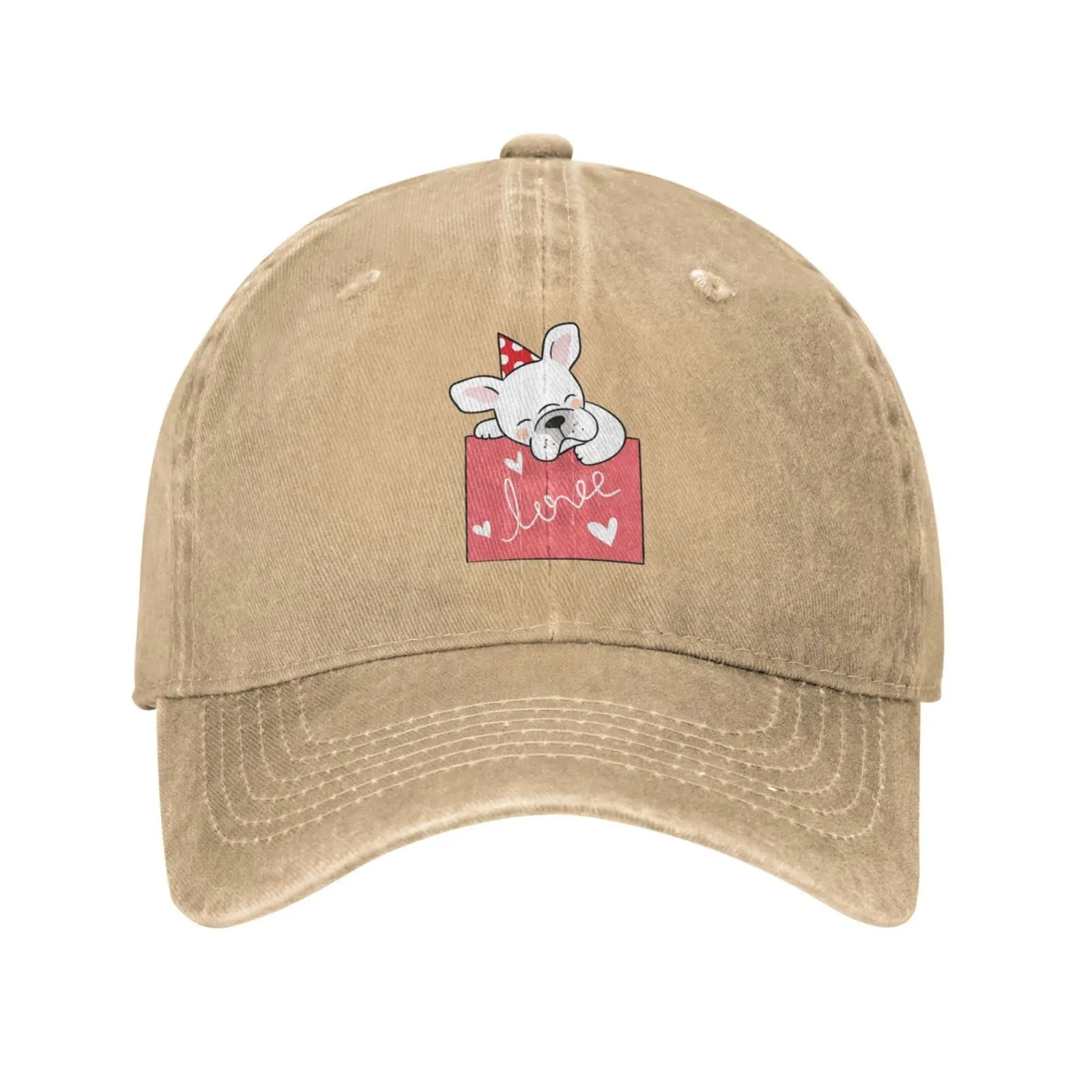 French Bulldog Pattern Retro  Dog  Vintage Distressed Adjustable Washed Denim Cotton Mens Black Fitted Baseball Ball Cap