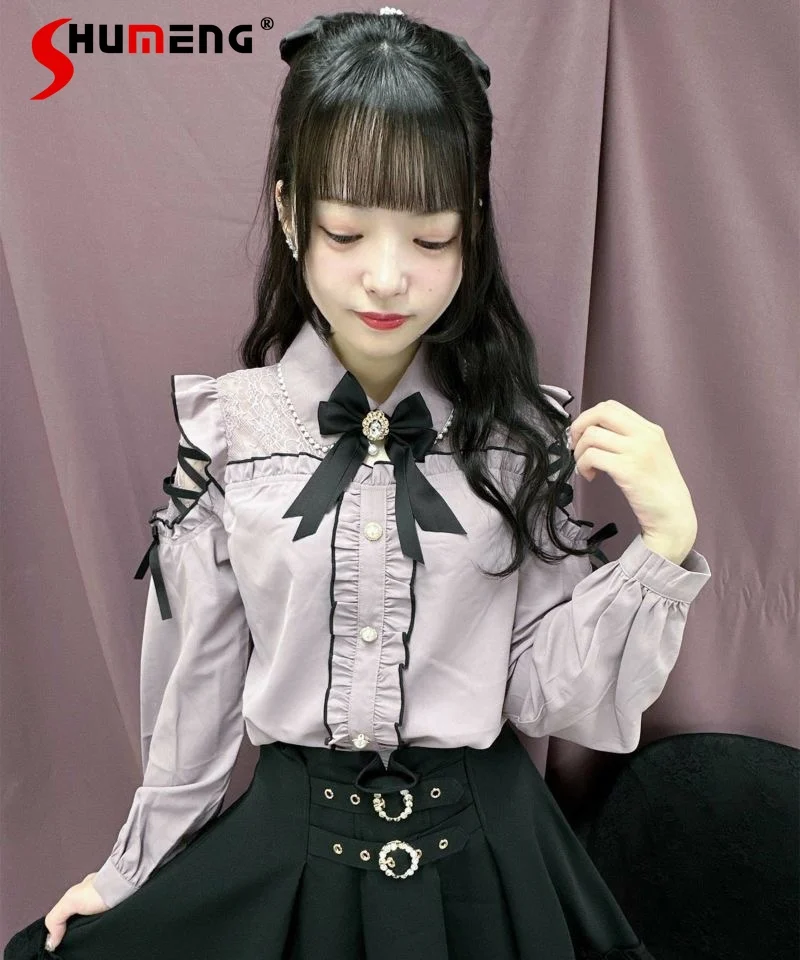 

Japanese Rojita Lolita Shirt Women Off Shoulder Lace-up Color Matching Bow Mine Bow Tops Sweet Cute JK Girl Color Lace Blouse