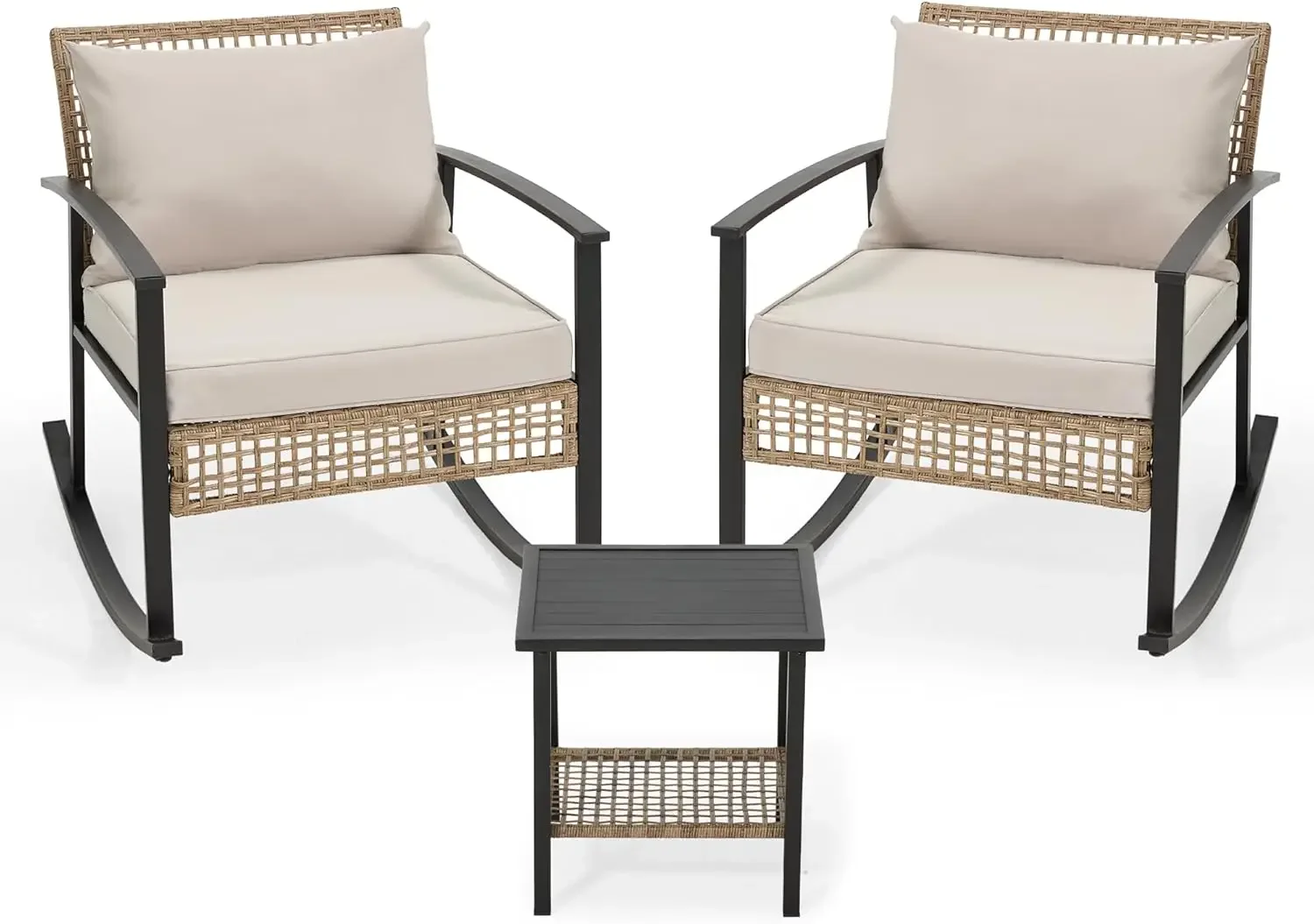 

3 Pieces Rocking Bistro Set, Outdoor Rattan Patio Chairs and 2-Tier Coffee Table, Modern Furniture Oversized Conversatio