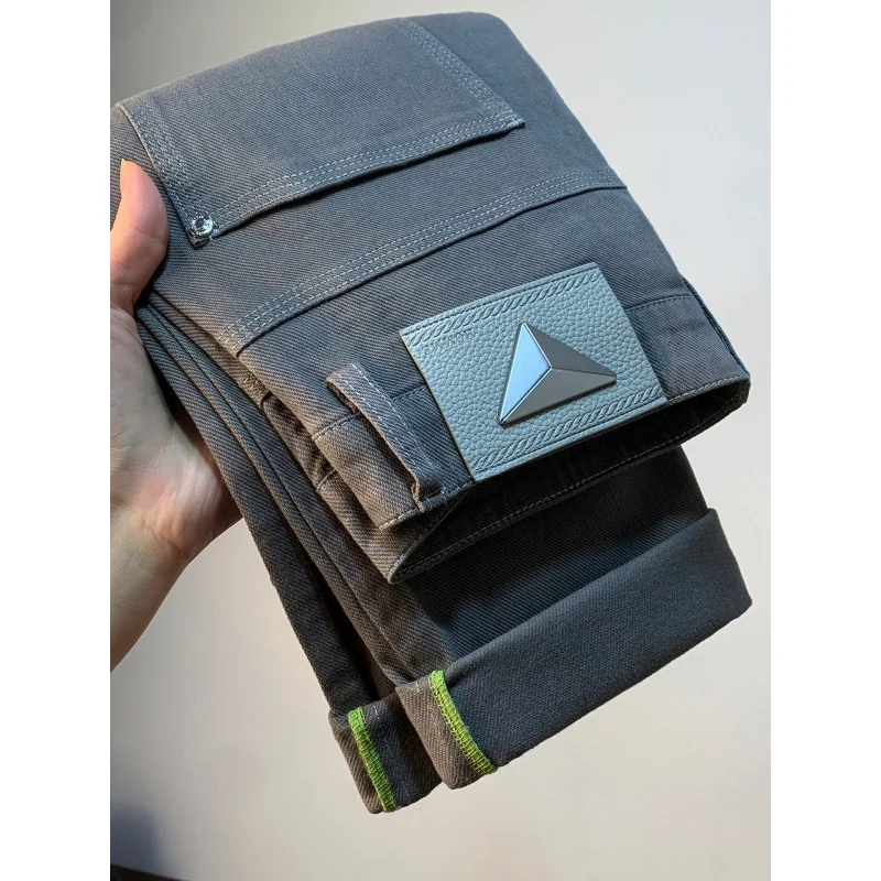 メンズ グレーウォッシュ カジュアルパンツ、ライトラグジュアリー トレンド 多機能、スモールストレートレッグ エラスティックデニム スリムフィットパンツ