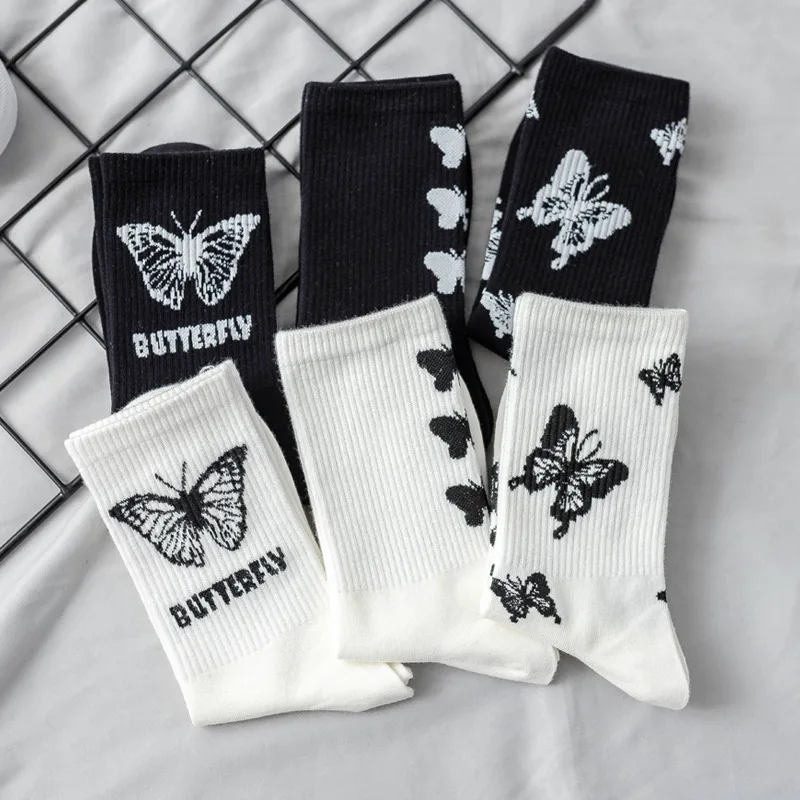 3 Pairs Butterfly Women\'s Socks Mid Tube Sockken Spring Autumn Street Trend Sports Black White Stacked Socks for Girls