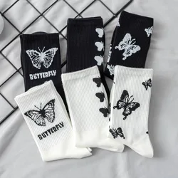 3 Pairs Butterfly Women's Socks Mid Tube Sockken Spring Autumn Street Trend Sports Black White Stacked Socks for Girls