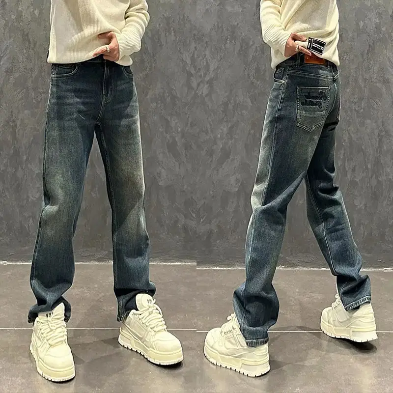 

Широкие джинсы в стиле ретро, мужские весенне-осенние простые повседневные брюки с вышивкой ветра, дизайнерские модные брендовые эластичные прямые брюки
