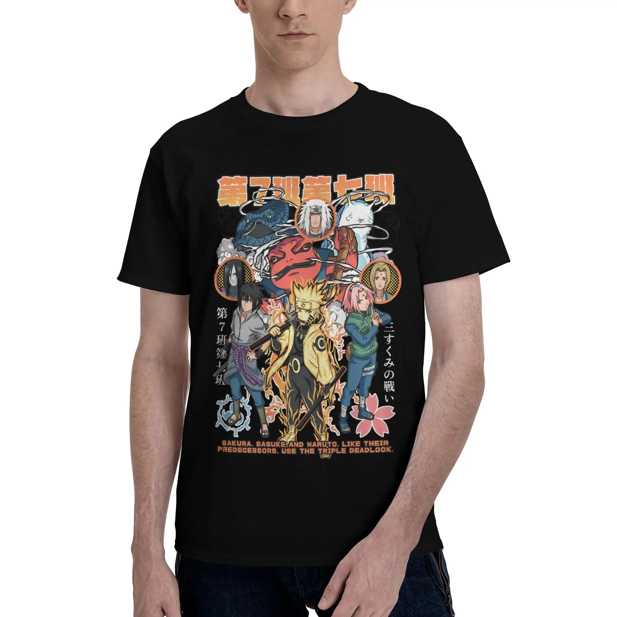 The triple deadlock   Funny Graphic 100% Cotton T-Shirt Bandai NARUTO Tops Tees For Men
