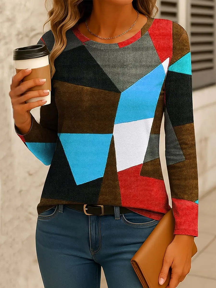 เสื้อยืดผู้หญิงลายเรขาคณิตสามมิติแบบไม่สมมาตร แฟชั่นแขนยาว คอกลม ทรงปกติ เหมาะสำหรับวันหยุดพักผ่อน ฤดูใบไม้ผลิและฤดูใบไม้ร่วง
