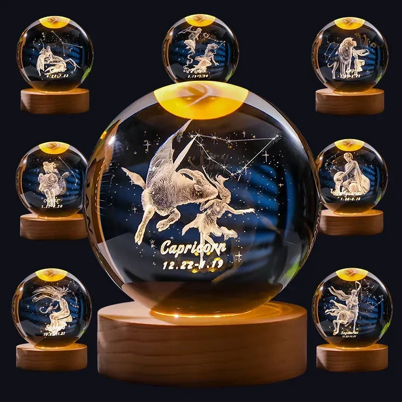 12 Constellation 3DGlass Craft Decoration Crystal Ball Laser Engraved Birthday  Solar System Gift Wooden Base Home Desktop Decor