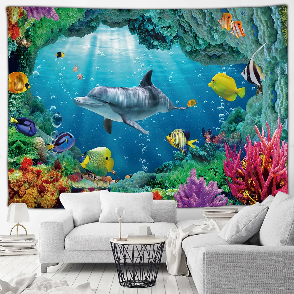 Ocean Dolphin Tapestry Tropical Fish Coral Underwater Caves Nature Landscape Wall Hanging Home Living Room Sofa Decor Tapestries