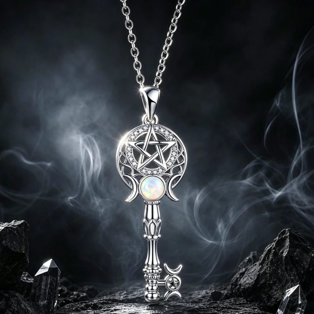 Witches Pentagram Key Necklace Triple Moon Goddness Pendant with Opal Zircons Witchcraft Pagan Protection Amulet Jewelry