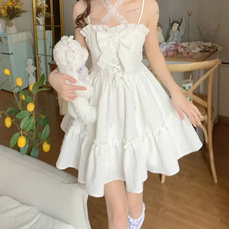 

2023 Summer White Lolita Mini Dress Women Kawaii Clothes Vintage Fairy Strap Dress Female Casual Elegant One Piece Dress