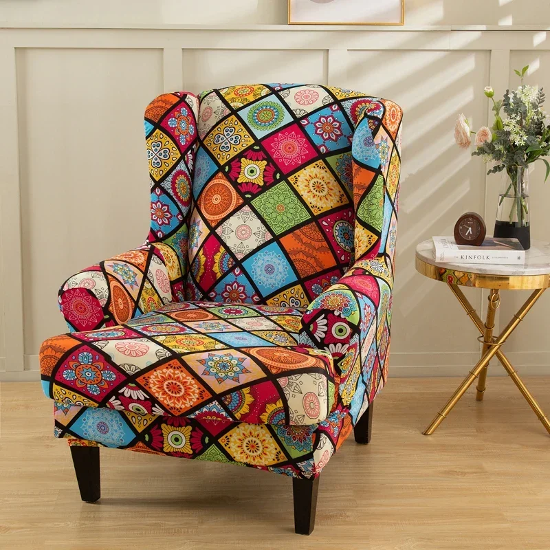 

Stretch Print Wing Chair Cover Spandex Elastic Armchair Covers Europe Wingback Relax Sofa Slipcovers with Seat Cushion Cover