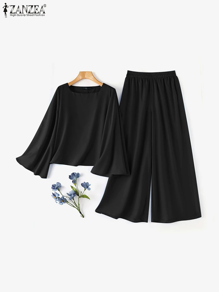 

Casual Solid 2PCS Sets Women Long Sleeve Tops Outfits ZANZEA Fashion Wide Leg Elastic Waist Pant Suits Daily Simple Loose Sets