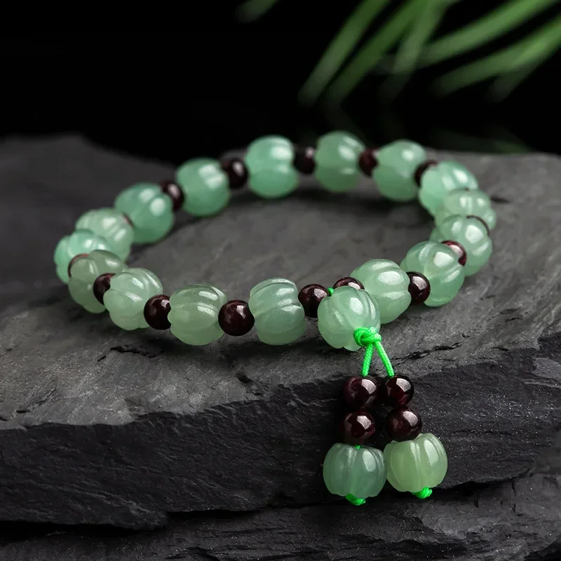 

Original Natural Dongling Jade Pumpkin Shape Handstring with National Personalized Men Women's Garnet Beaded Weaving Bangle Gift