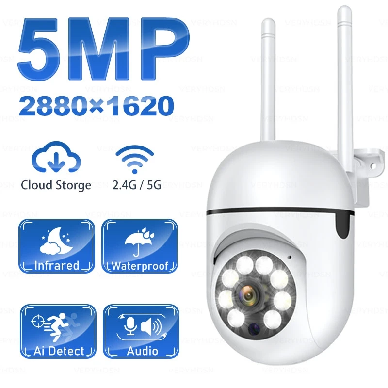 5MP PTZ Wifi IP Camera Outdoor 4X Digital Zoom AI Human Detect Wireless Camera Auto Tracking Night Vision Full Color Waterproof