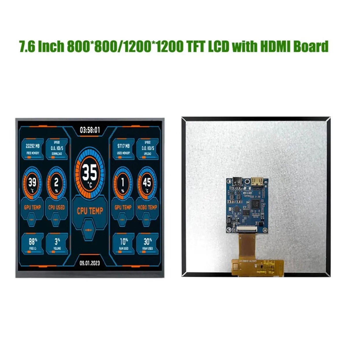 7.6 Inch 800P 800X800 MIPI 1000nits HD-MI Square TFT LCD Display with HD-MI Driver Board