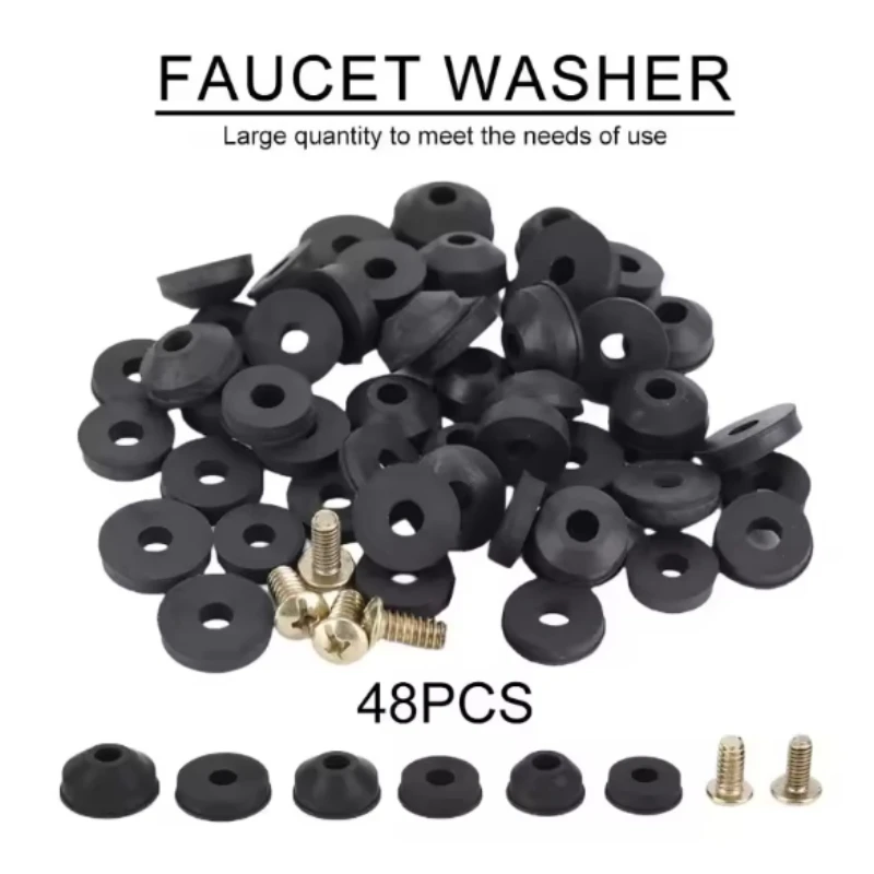 48PCS Plumbing Faucet Seal Washer O-ring Rubber Faucet Washer Assortment with Screws Flat Beveled for Repairing Faucet Leak