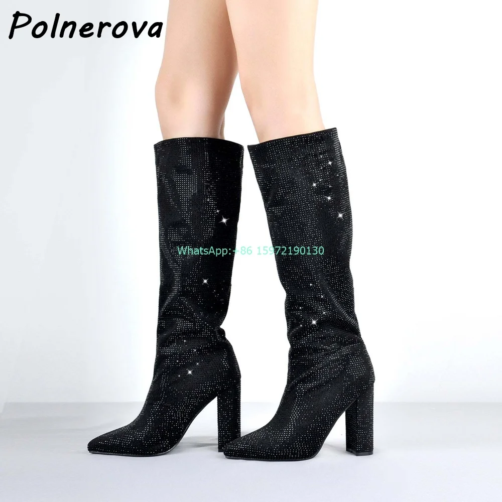 

Winter Crystal Knee High Boots Solid Pointy Toe Chunky Heels Sexy Runway Long Boots High Heels Luxury Rhinestone Fashion Shoes