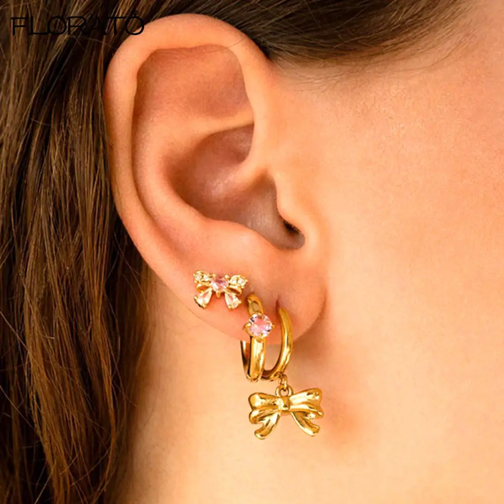 

925 Sterling Silver Needle Bow Pendant Earrings Fashion 24K Gold Hoop Earrings for Women 2025 New High Quality Fine Jewelry Gift