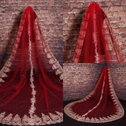 Red Wedding Veils Cathedral Veil Lace Appliques Gold One-Layer Wedding Veils With Comb 300cm Length 300cm Width Bridal Veil