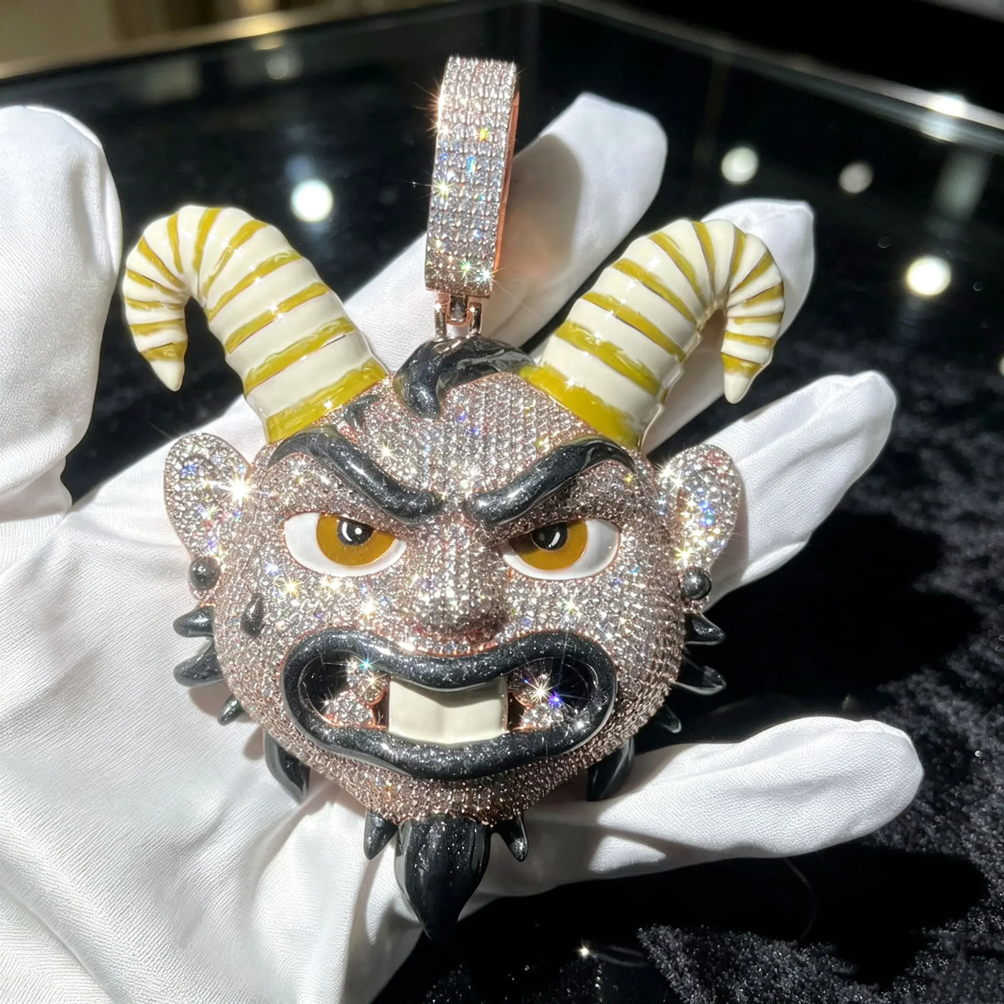 Iced Out 3D Goblin Demon Head Pendant Rose Gold Plated Full Micro Pave CZ Zircon Enamel Striped Horn Cartoon Character Charm Hip Hop Bling Necklace Jewelry Mens Womens Rapper Club Birthday Gift