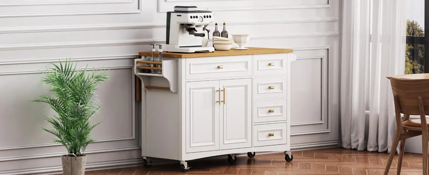 Drop Leaf Kitchen Island, Mobile Prep Table, Oak Top, Spice & Towel Rack, 2 Doors, 5 Drawers, Adjustable Shelf, 52
