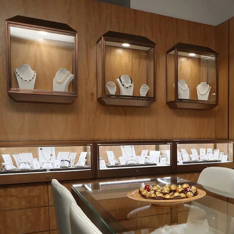 

Custom. high quality stainless wall mounted jewelry showcase for jewelry shop showcase