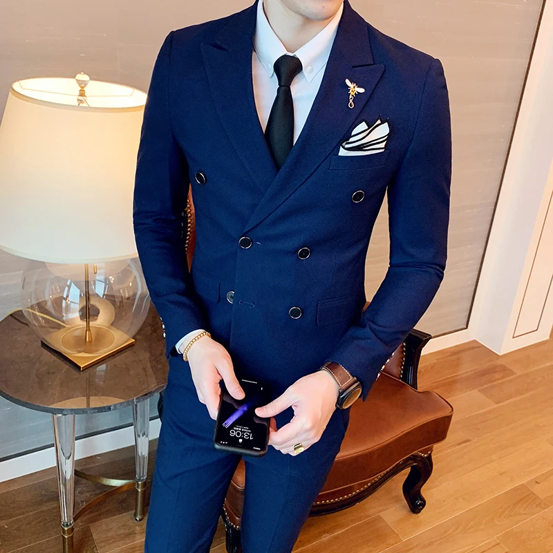 

(Suit + vest + pants) men's best man suit suit groom wedding banquet solid color business British slim double-breasted suit