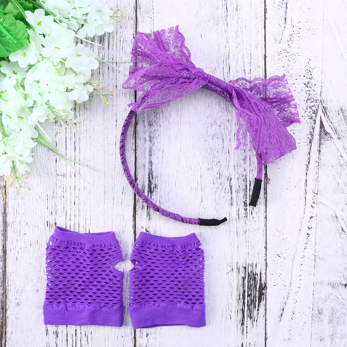 Lace Headband Neon Earrings Gloves 80s Party Halloween Costume Accessories Retro Women Hair Band Set Fits Most