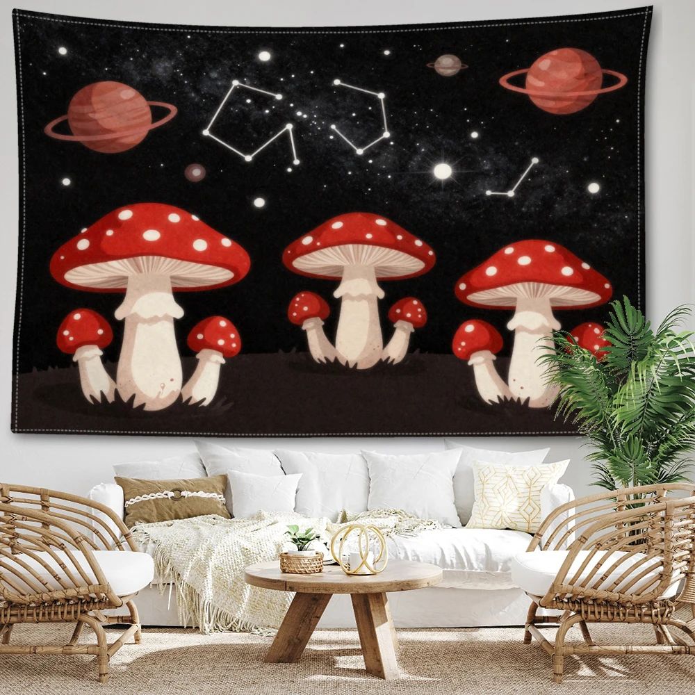 Black Constellation Planet Red Mushroom Wall Tapestry, Symmetrical Gothic Decor