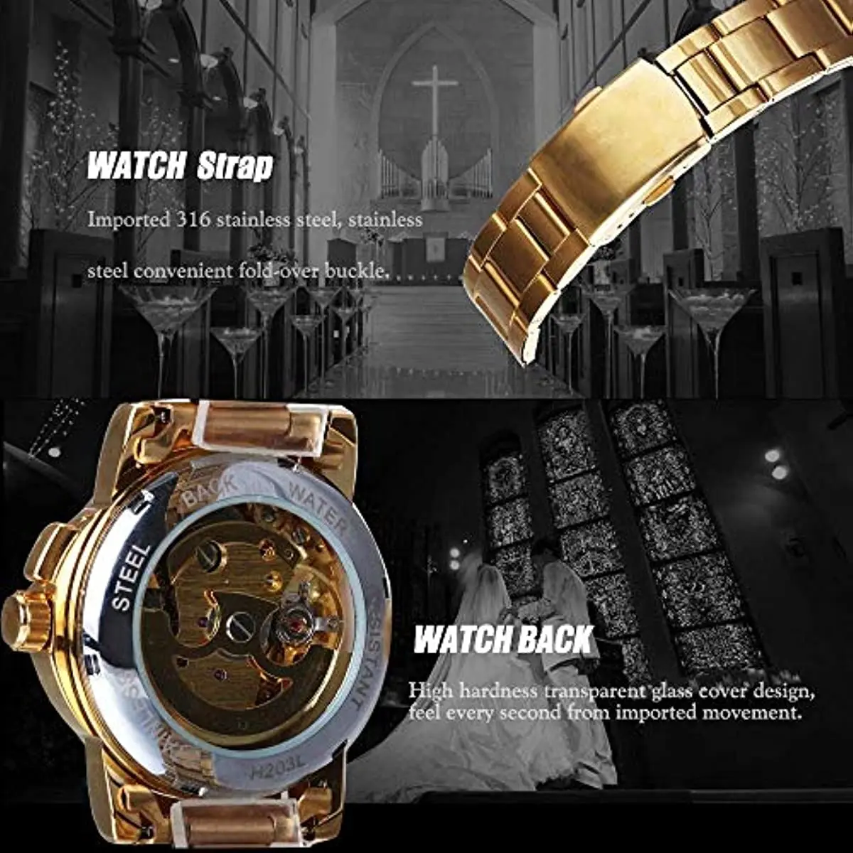 Winner Luxury Women Automatic Mechanical Gold Watch Unique Heart Shaped Hollow Dial Stainless Steel Strap