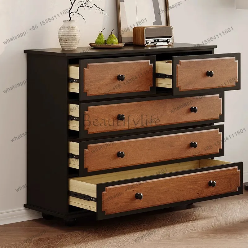 

French retro solid wood color matching chest antique living room storage household dining side cabinet