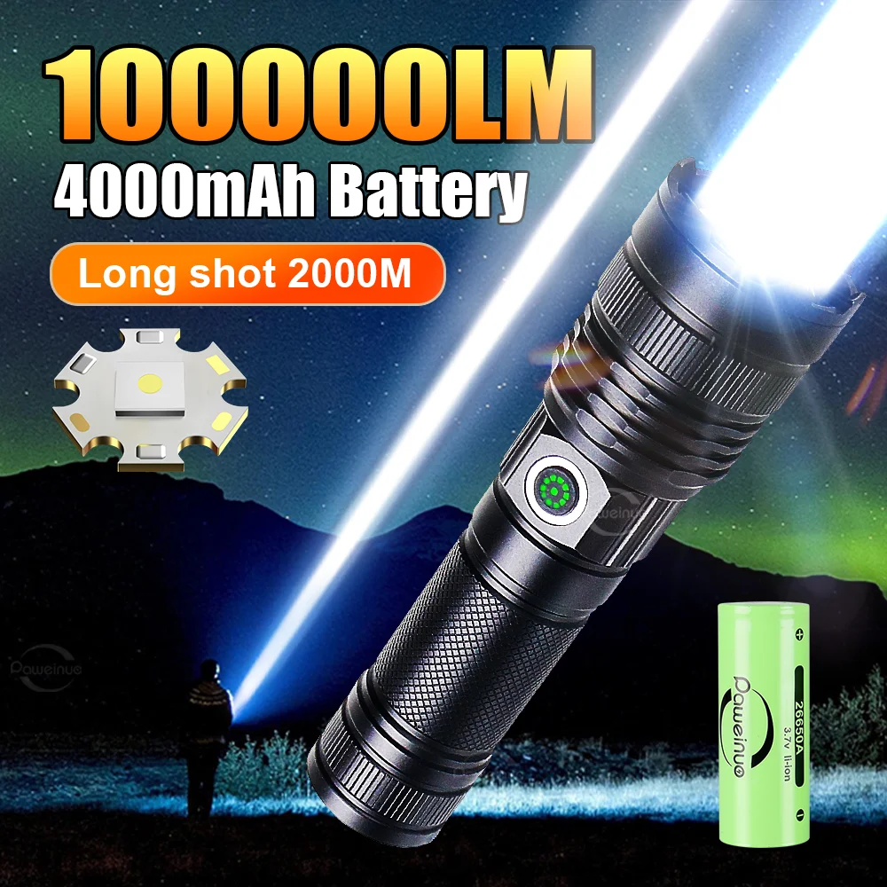 100000LM High Lumens High Power LED Flashlights Rechargeble Lamp Powerful LED Lantern USB Charging Hand Toch For Outdoor Fishing