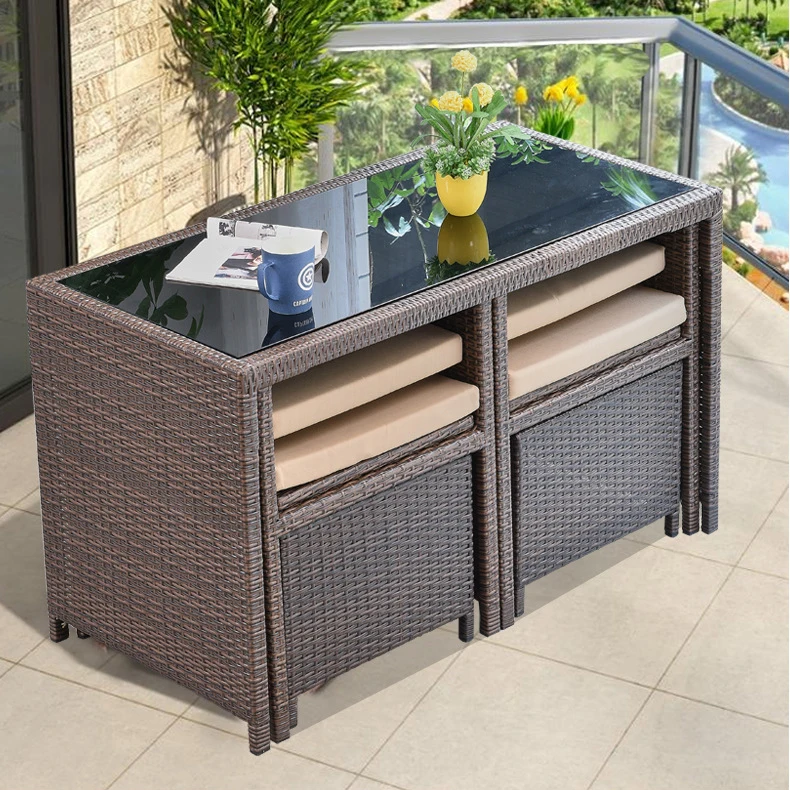 Outdoor Waterproof Rattan Mesa De Jantar, Villa Cadeira, Mesa De Chá, Jardim Lazer Cadeiras, Space Saving