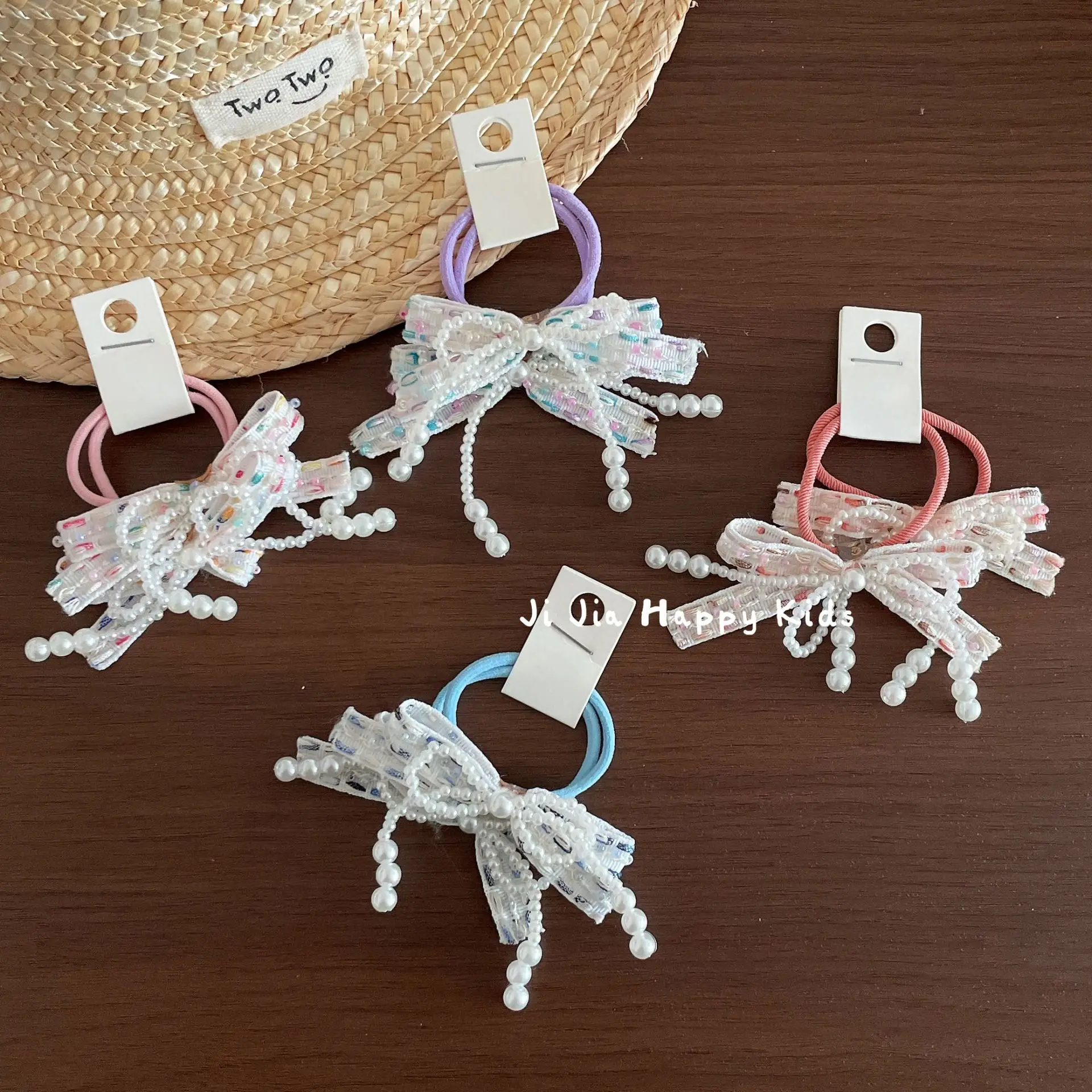 Hair Ties Colorful Beaded Bow Cute Kids Elastic Standard Size Resin Hair Clips Girls Bangs Fringe Headwear Accessories Portable