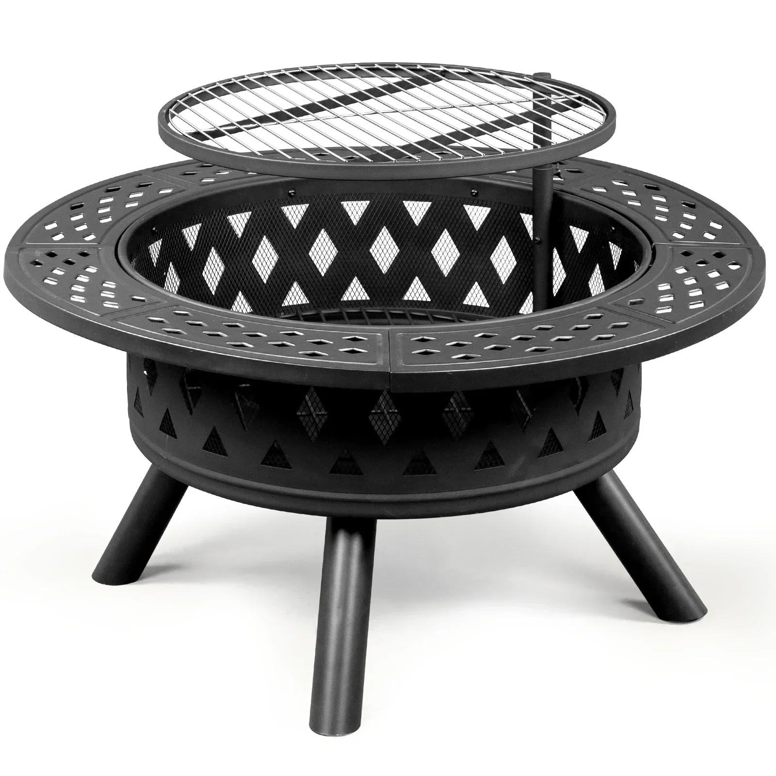 

38in Metal Fire Pit with Cooking Grates Black