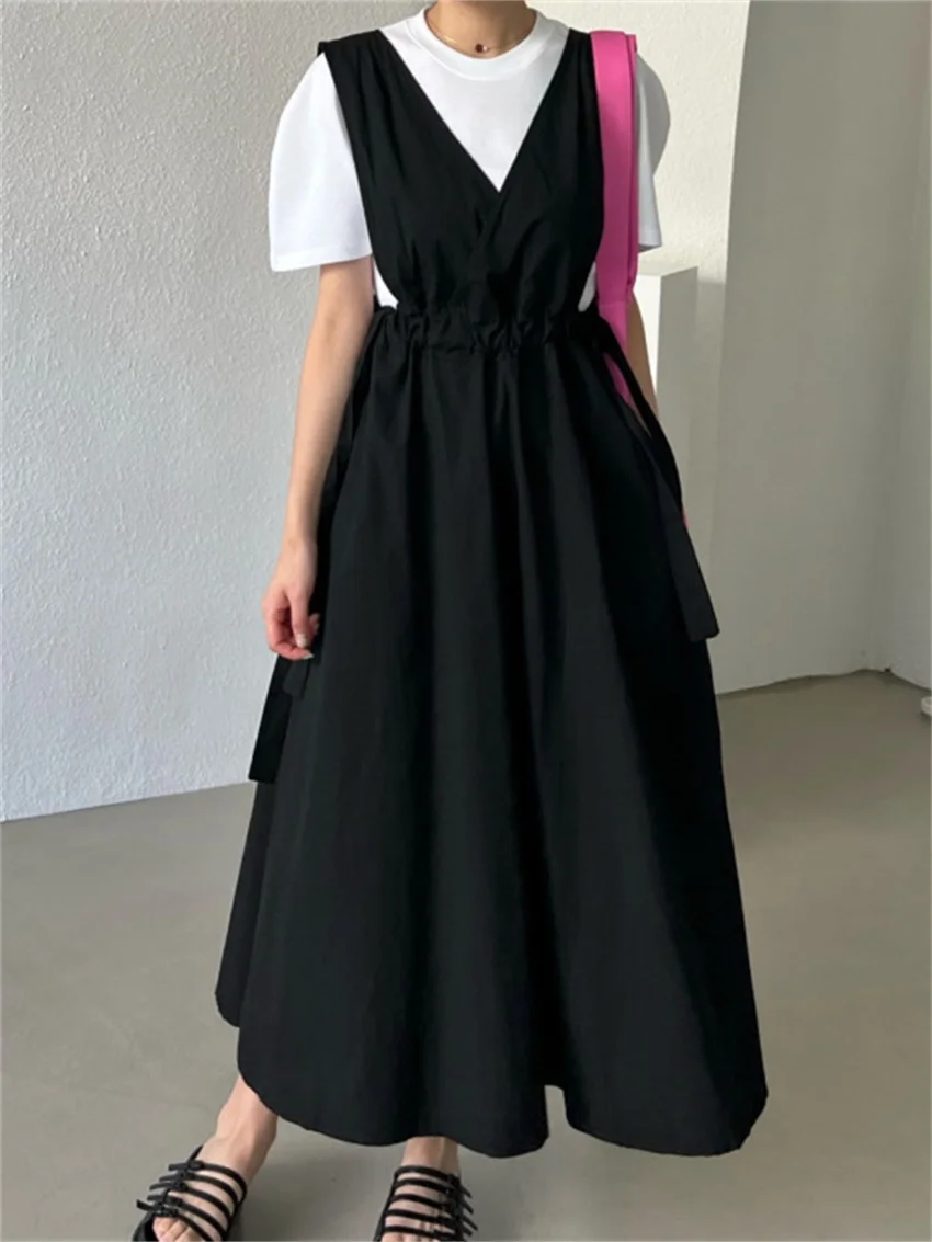 

Alien Kitty Korea Chic Summer Maxi Vest Dress Women Vintage Loose 2024 Camping Office Lady Fashion Close Waist Slim Casual