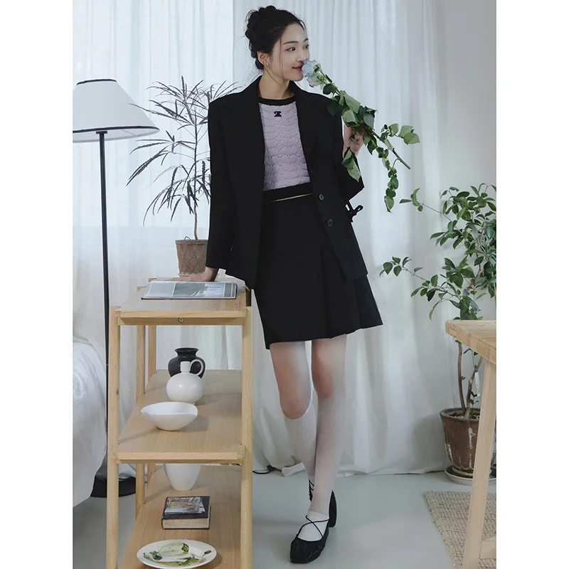 

Busin Suit Sle Long Sve Women's Top Coat with Belt And Slit Commute Slimming Versatile irt Outerwear